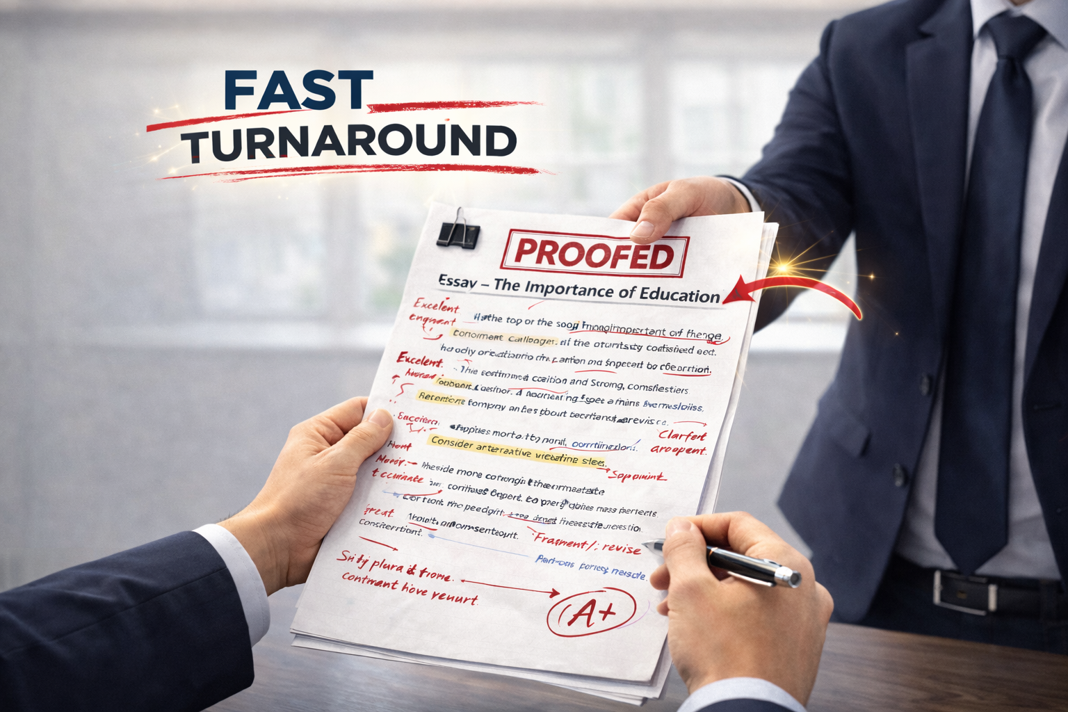 Professional scene showing a student receiving a proofread academic essay with visible red corrections and a “Proofed” stamp, presented in a clean, minimal office setting.