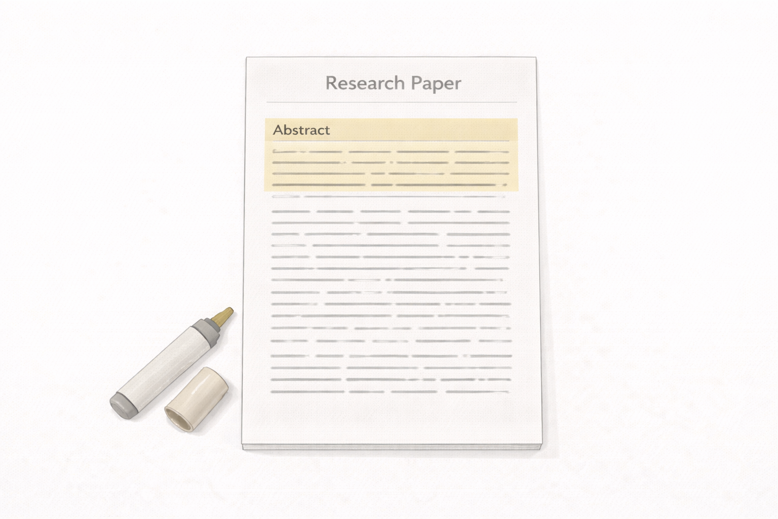 Minimalist academic illustration of a research paper with the abstract section clearly highlighted at the top, emphasizing the summary of aims, methods, and findings in a clean university style with neutral colours.