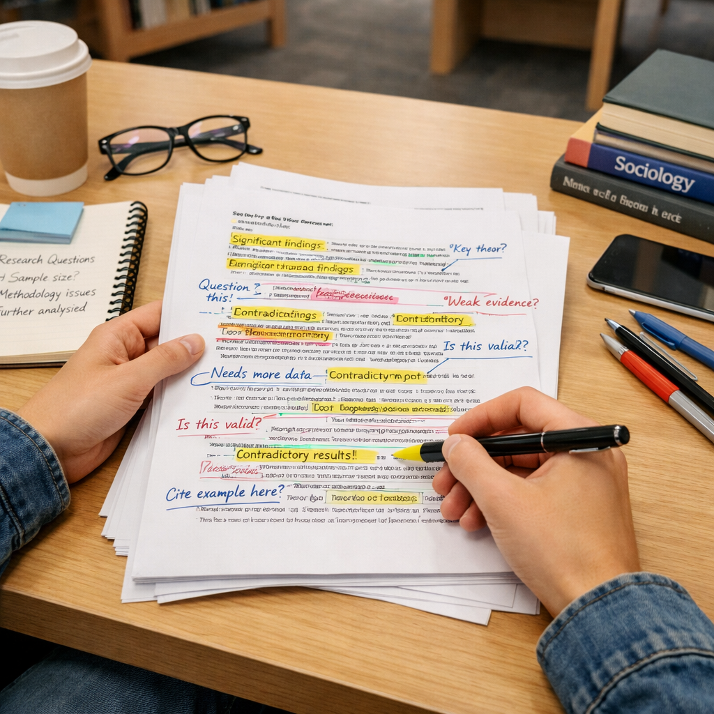 Student critically analysing an academic journal article at a desk, with annotated pages, highlighted arguments, handwritten notes, and an open laptop in a clean university study environment.