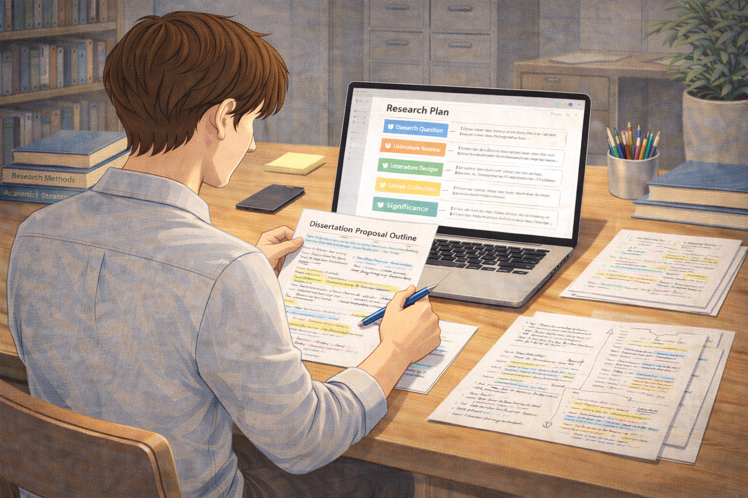 Academic illustration of a postgraduate student working on a dissertation proposal outline at a desk, with a laptop displaying a structured research plan, handwritten notes, and academic books arranged neatly in a focused study environment.