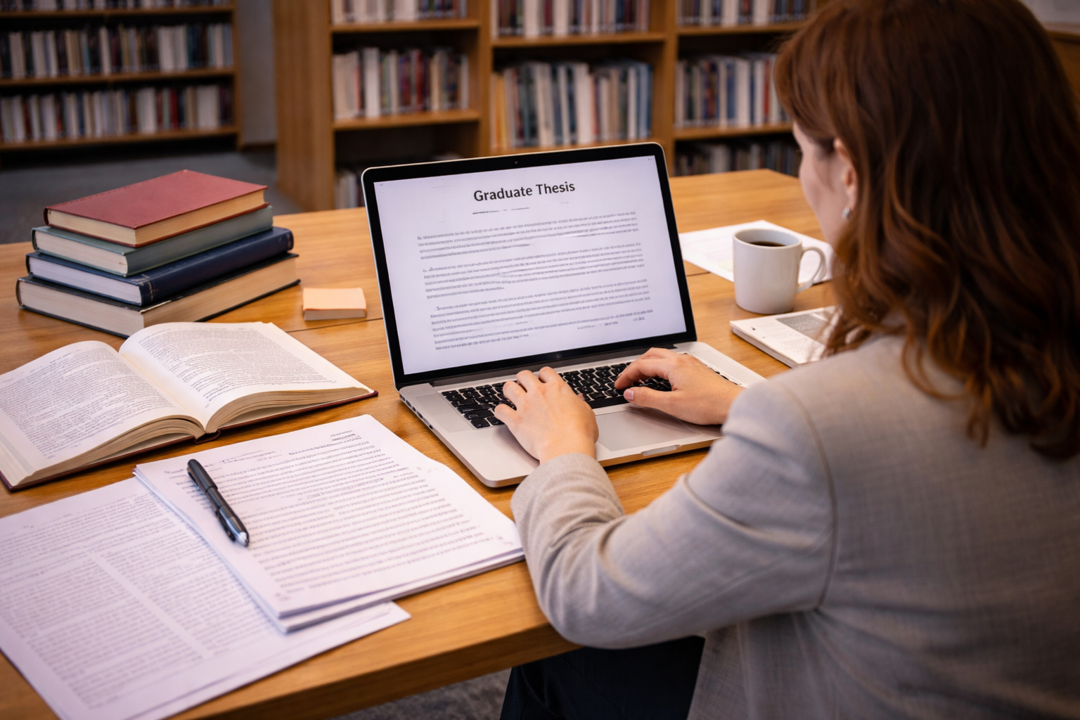 Graduate student writing a thesis on a laptop in a quiet university library surrounded by research books, notebooks, and academic papers in a scholarly study environment