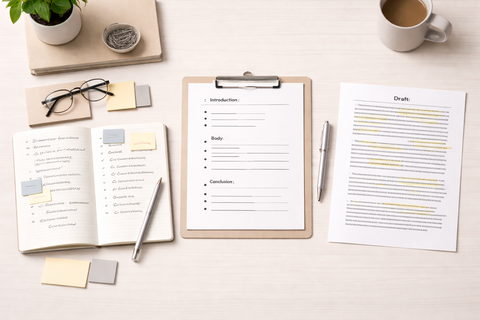 Minimalist academic desk illustrating the step-by-step essay planning process, with handwritten notes, a structured outline, and a draft paper arranged neatly in a professional university study setting with neutral tones.
