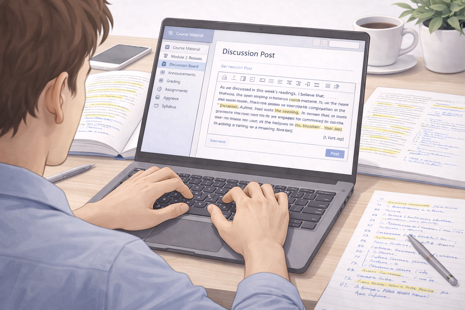 University student typing an online discussion post on a laptop, surrounded by academic notes and course readings, working in a focused virtual learning environment.