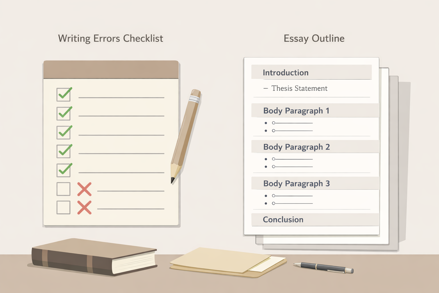 Minimalist academic illustration depicting a clean checklist of common writing errors positioned beside a structured argumentative essay outline, using neutral university colours and a professional scholarly style without text overlays.