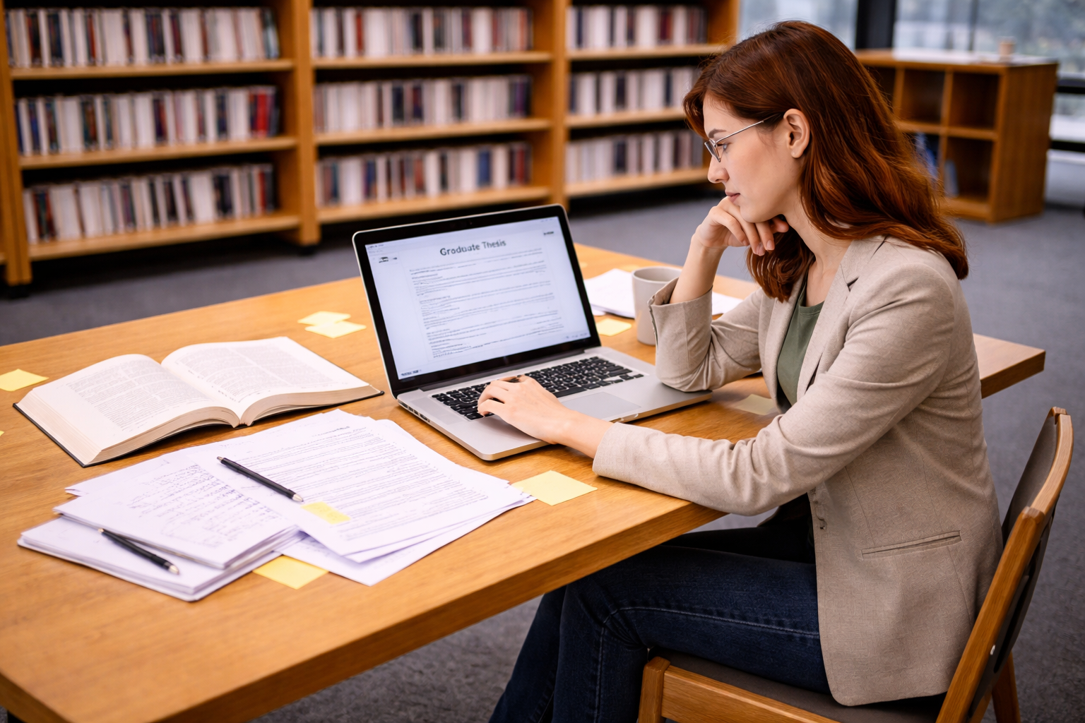 Graduate student working on a thesis on a laptop at a university library desk with academic books, research papers, and notes arranged in a focused study environment
