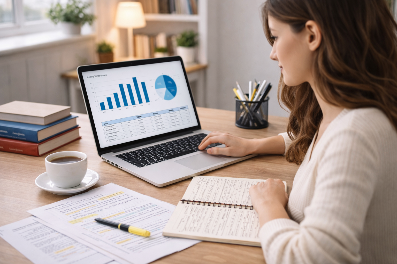 Graduate student analyzing quantitative research data on a laptop displaying statistical graphs and tables, with research notes arranged on a desk in a focused academic workspace