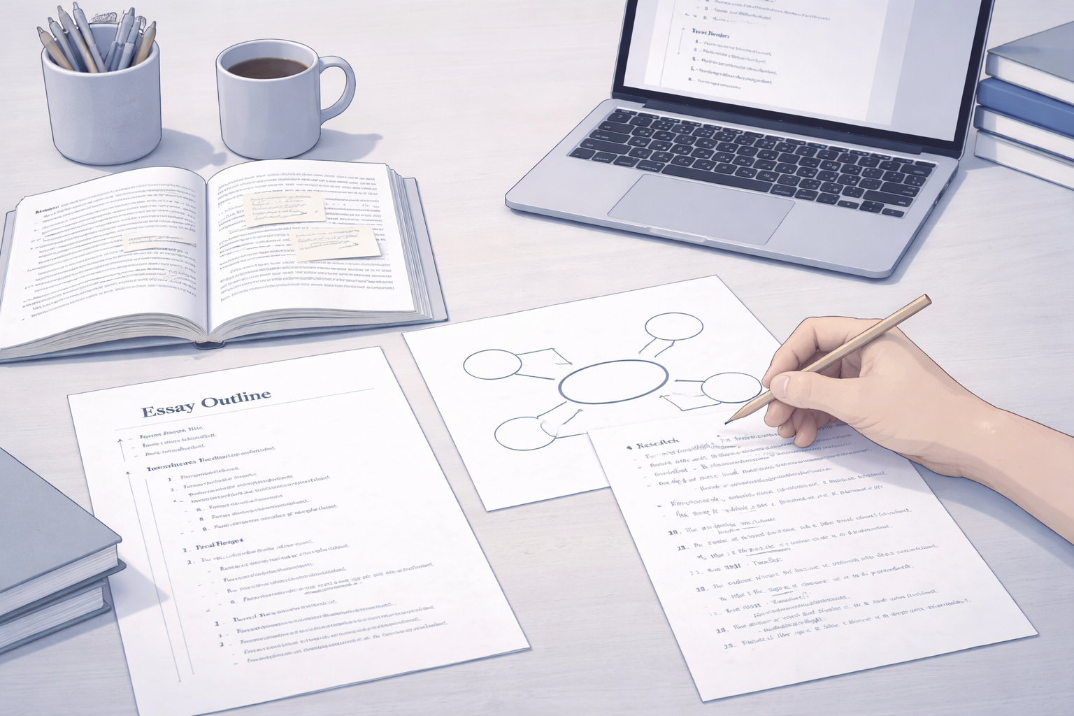 Minimalist academic illustration of a student planning an essay at a desk, with organised notes, structured outlines, and simple diagrams arranged neatly, presented in a clean university style with neutral blue and grey tones.