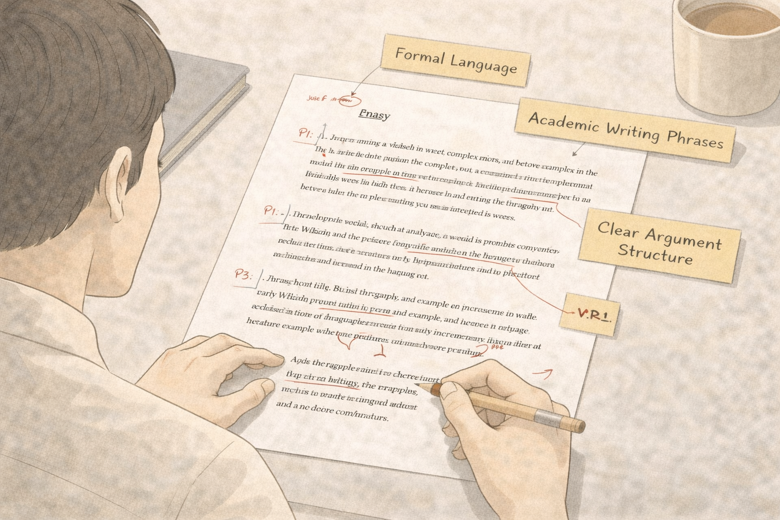 Minimalist academic illustration of a university student editing a structured essay, with clearly defined paragraphs, formal language cues, and annotated academic style notes, presented in a clean university aesthetic.