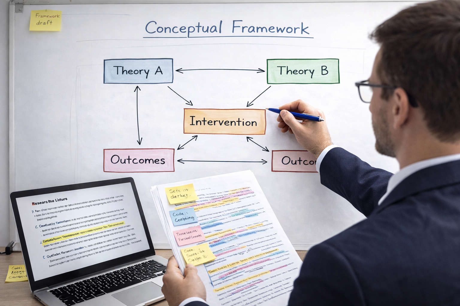 Researcher drawing a conceptual framework on a whiteboard with linked theoretical constructs, while a laptop beside them displays research notes.