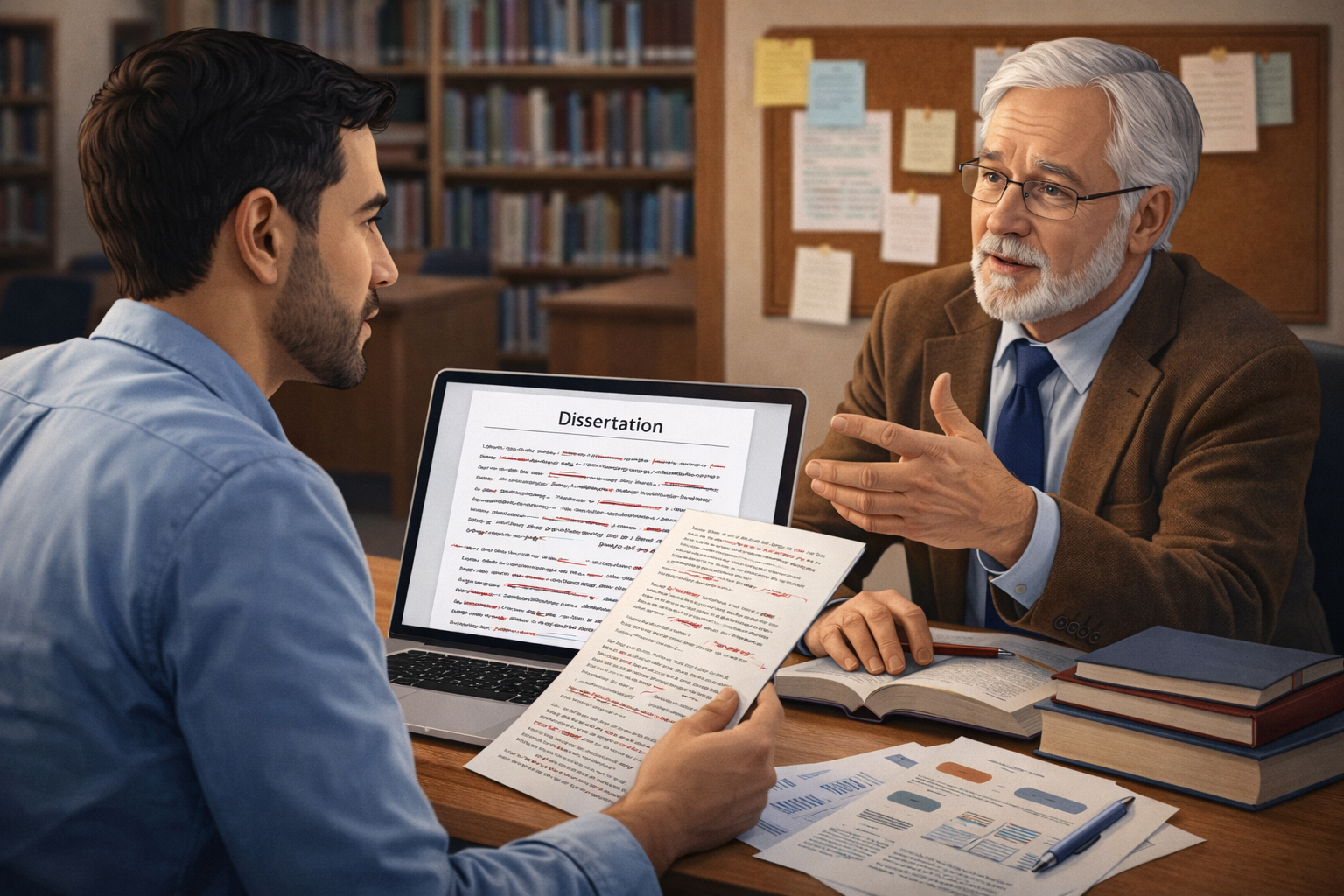 Professional academic illustration of a PhD student discussing a dissertation with an academic advisor, with a laptop showing edited text, research papers, and academic books on a desk.