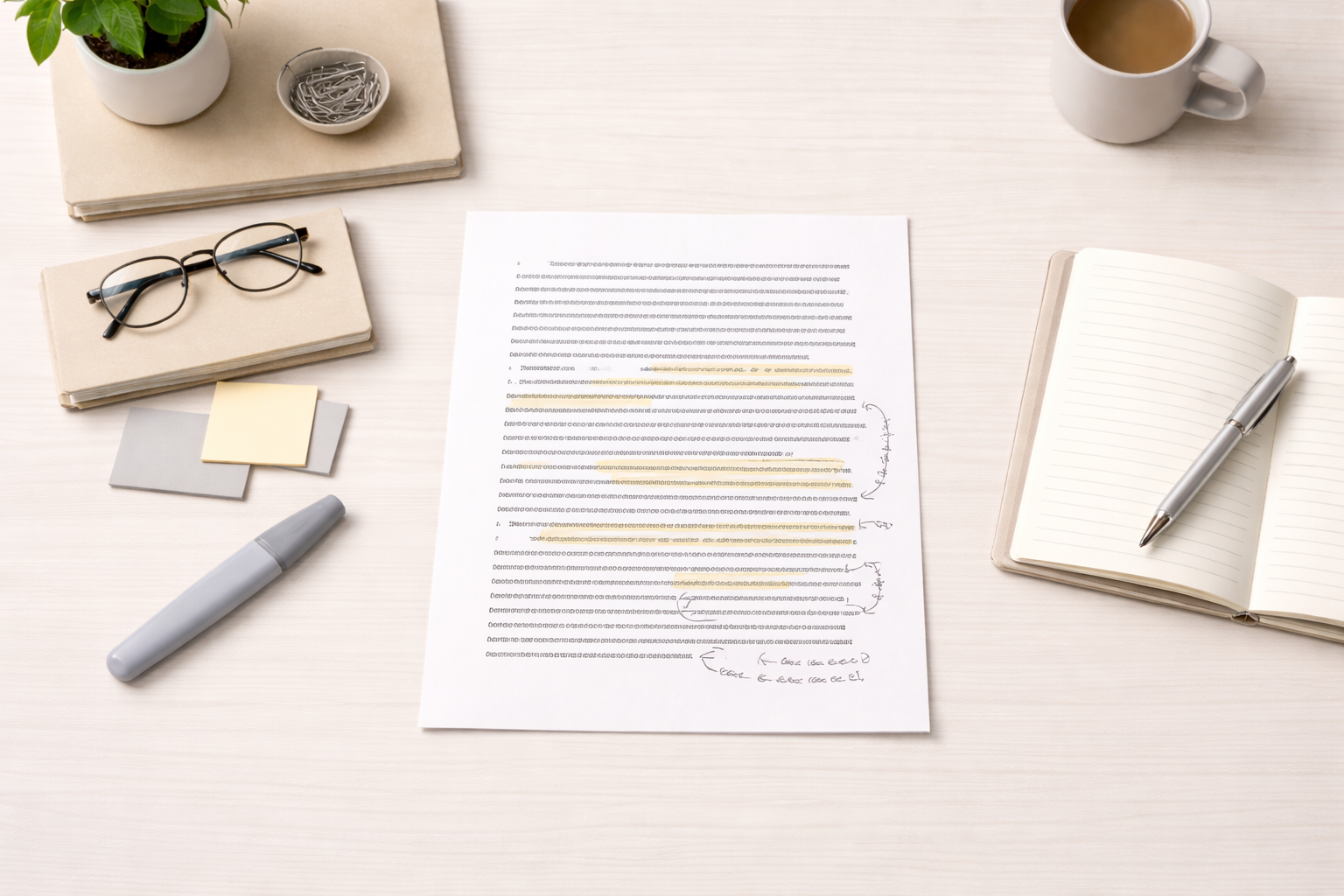 Minimalist academic desk scene showing a completed university essay with a carefully annotated final paragraph, neatly arranged on a clean workspace in neutral professional tones.